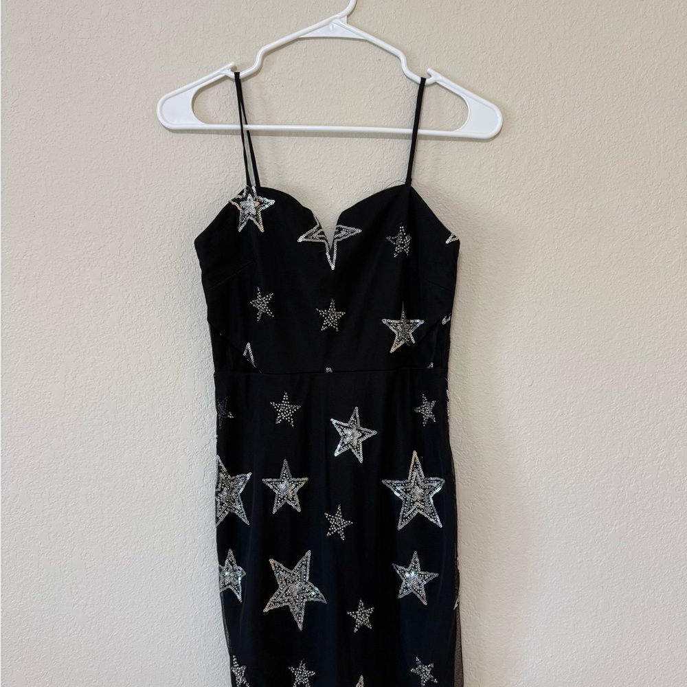B Darlin Black Strapless Dress with Silver Stars